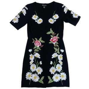 INC black flower floral ribbed stretch dress small